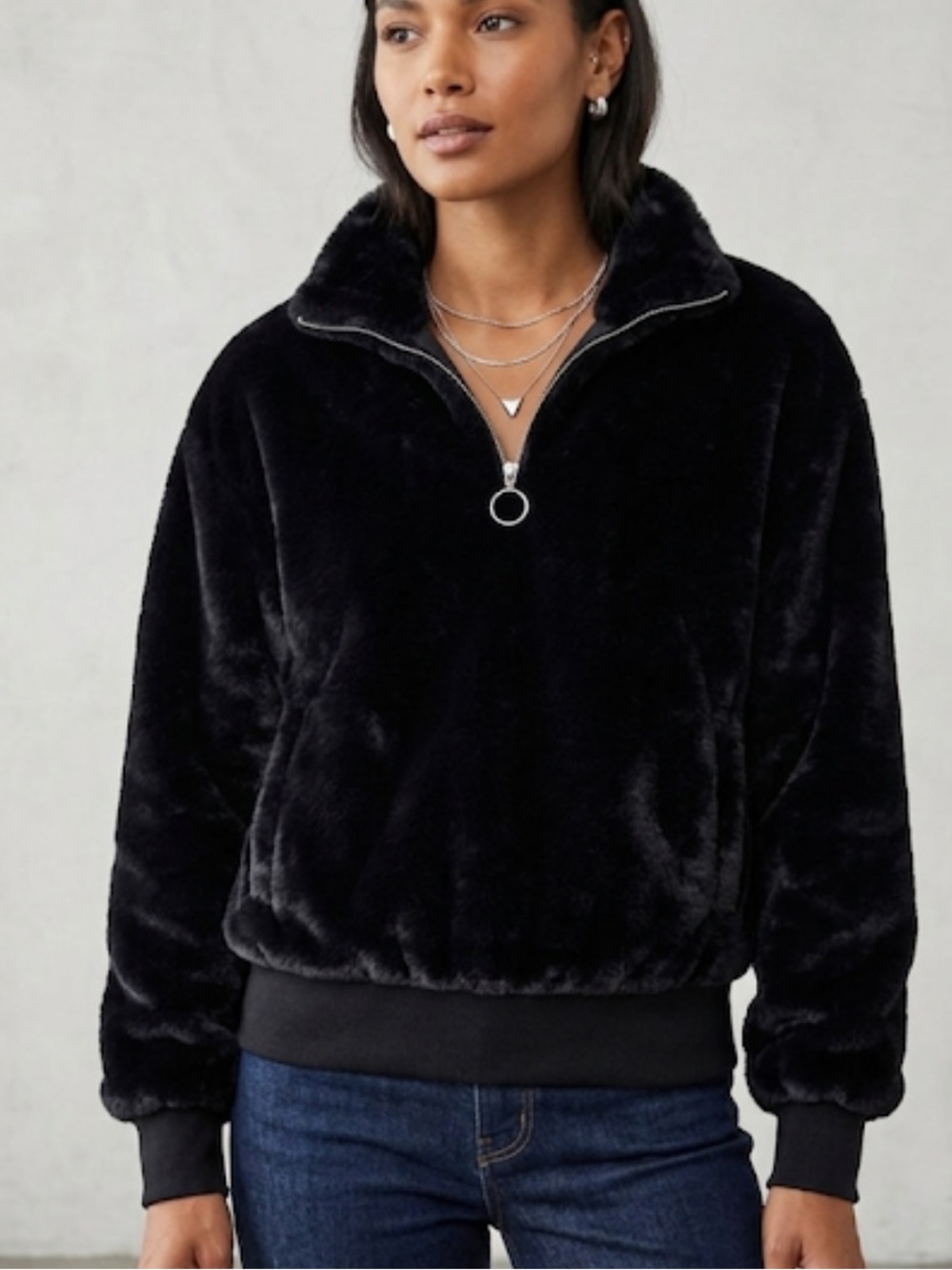 Nine West Faux Fur Quarter Zip Cozy Black Sweater
